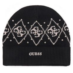 Czapka Guess. Czarne czapki i kapelusze damskie Guess, na zimę, z aplikacjami. Za 174.99 zł.