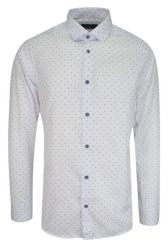 Koszula Wizytowa, Biała w Granatowe Kropki, Groszki, Slimowana, z Długim Rękawem, Bawełniana MASSARO. Niebieskie koszule męskie Massaro, m, bez wzorów, z bawełny, biznesowe, bez kołnierzyka, bez ramiączek. Za 135.00 zł.