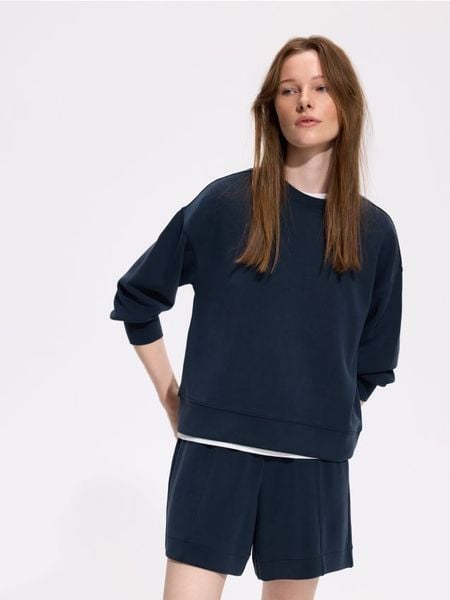 Bluza z modalem - granatowy. Niebieskie bluzy damskie Reserved, l, bez wzorów, z dzianiny, bez kaptura. Za 109.99 zł.