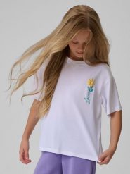 4F T-shirt boxy z nadrukiem dziewczęcy - biały 146/152 (10-12 lat). Białe t-shirty i topy dla dziewczynek 4f, bez wzorów, z bawełny, bez ramiączek. Za 49.99 zł.