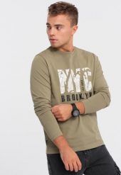 Ombre Longsleeve męski z nadrukiem motywu mapy - oliwkowy V2 OM-LSPT-0115 XXL. Zielone bluzki z długim rękawem męskie Ombre, m, bez wzorów, bez kołnierzyka. Za 39.99 zł.