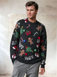 Grający sweter z motywem świątecznym - czarny. Czarne swetry przez głowę męskie Sinsay, l, bez wzorów, bez kołnierzyka. Za 79.99 zł.
