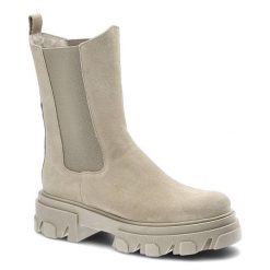 Botki damskie Lemar, z elastycznymi wstawkami po bokach osadzone na masywnej platformie z wyraźnym bieżnikiem, beżowe, 30321-W. Brązowe botki damskie Lemar, z jeansu, przed kolano, bez obcasa, bez zapięcia. Za 259.00 zł.