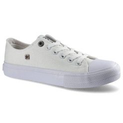 Trampki damskie Big Star, materiałowe na płaskiej podeszwie, białe, AA274010. Białe półbuty damskie Big Star, na lato, bez wzorów, z jeansu, retro, bez obcasa, na płaskiej podeszwie, bez zapięcia. Za 110.99 zł.
