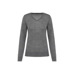 Damski sweter z merynosów z dekoltem v-neck Kariban Premium. Szare swetry damskie KARIBAN, na zimę, bez wzorów, z wełny, eleganckie, bez kołnierzyka, bez ramiączek, bez kaptura. W wyprzedaży za 268.00 zł.