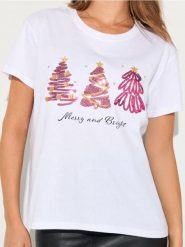 Bawełniana koszulka z motywem świątecznym - biały. Białe t-shirty damskie Sinsay, l, bez wzorów, z bawełny, wizytowe, bez kołnierzyka. Za 25.99 zł.