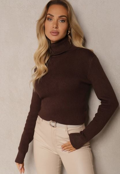 Brązowy Klasyczny Golf z Domieszką Wełny Zoziona. Brązowe swetry damskie Renee, bez wzorów, z jeansu, biznesowe, bez kołnierzyka, bez ramiączek, długie, bez kaptura. Za 79.99 zł.