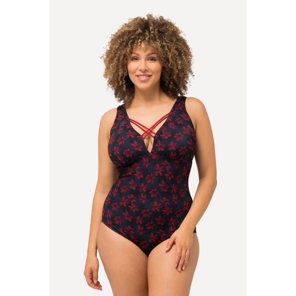 Damski Kostium kąpielowy kwiaty ozdobne tasiemki miękkie miseczki. Niebieskie kostiumy jednoczęściowe damskie Ulla Popken, plus size, bez wzorów, z elastanu, sportowe, plus size. Za 244.99 zł.