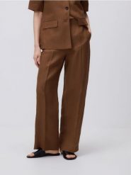 Spodnie z lnem - brązowy. Brązowe spodnie materiałowe damskie Reserved, l, bez wzorów, z wiskozy. Za 129.99 zł.