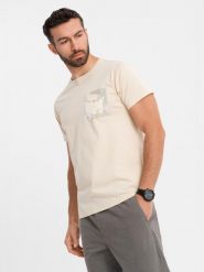 Bawełniany męski t-shirt z printowaną kieszonką turkusowy V1 OM-TSPT-0228 M. Niebieskie t-shirty męskie Ombre, m, bez wzorów, z bawełny, bez kołnierzyka. Za 166.41 zł.