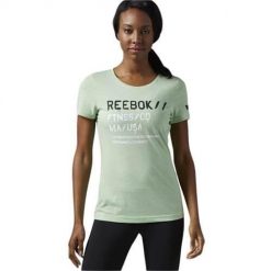 Koszulka treningowa damska Reebok AO0891. Zielone koszulki sportowe damskie Reebok, l, bez wzorów, z materiału, bez kołnierzyka, bez ramiączek, do biegania. Za 125.00 zł.