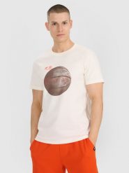 4F T-shirt regular z nadrukiem męski - biały XL. Białe koszulki sportowe męskie 4f, m, bez wzorów, z bawełny, eleganckie, bez kołnierzyka. Za 59.99 zł.