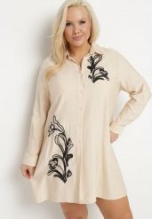 Beżowa Koszulowa Sukienka z Wiskozy Zdobiona Kwiatowym Haftem Nalilsa. Brązowe sukienki damskie Born2be, na co dzień, plus size, z aplikacjami, z wiskozy, eleganckie, bez kołnierzyka, plus size, bez ramiączek, mini, koszulowe. Za 99.99 zł.