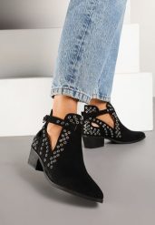 Czarne Botki na Obcasie w Stylu Kowbojek z Wycięciem i Nitami Eleavira. Czarne botki damskie Born2be, z jeansu, eleganckie, bez obcasa, na obcasie, bez zapięcia. Za 159.99 zł.