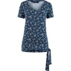 Shirt z wiązaniem z boku bonprix ciemnoniebieski z nadrukiem. Niebieskie bluzki damskie bonprix, bez wzorów, bez kołnierzyka. Za 54.99 zł.