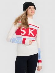 4F Golf z wełną damski - biały L. Białe swetry damskie 4f, na zimę, l, bez wzorów, z wełny, bez kołnierzyka, bez ramiączek, bez kaptura. W wyprzedaży za 139.99 zł.