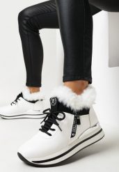 Białe Botki Sneakersy na Grubej Podeszwie z Futerkiem Biqilee. Białe botki damskie Born2be, bez obcasa, bez zapięcia. Za 119.99 zł.