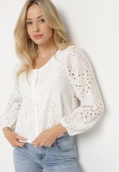Biała Haftowana Koszula z Bawełny Fonarose. Białe bluzki damskie Born2be, l, bez wzorów, z bawełny, eleganckie, bez kołnierzyka, bez ramiączek. Za 84.99 zł.