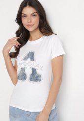 Biały Bawełniany T-shirt Ozdobiony Napisem i Cyrkoniami Isnorea. Białe bluzki damskie Born2be, m, bez wzorów, z bawełny, glamour, bez kołnierzyka. Za 34.99 zł.
