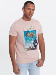 Męski t-shirt bawełniany z nadrukiem California - różowy V2. Czerwone t-shirty męskie Ombre Clothing, na lato, m, bez wzorów, z bawełny, klasyczne, bez kołnierzyka. W wyprzedaży za 29.99 zł.