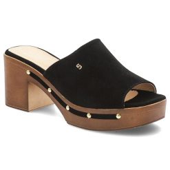 Klapki damskie Simen, na klocku skórzane z ozdobami eleganckie, czarne, 6844A-K-W. Czarne sandały damskie Simen, bez wzorów, z jeansu, bez obcasa, na obcasie, bez zapięcia. Za 339.00 zł.