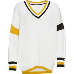 Sweter z kontrastowymi paskami bonprix biel wełny. Białe swetry damskie bonprix, z wełny, z dekoltem w serek. Za 99.99 zł.