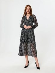 Sukienka midi w kwiaty - wielobarwny. Sukienki damskie Sinsay, l, bez wzorów, eleganckie, bez kołnierzyka, bez ramiączek, midi. W wyprzedaży za 45.99 zł.