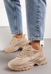 Ciemnobeżowe Sznurowane Sneakersy na Grubej Podeszwie ze Wstawkami z Siateczki Vleni. Brązowe obuwie sportowe damskie Born2be, bez wzorów. Za 99.99 zł.