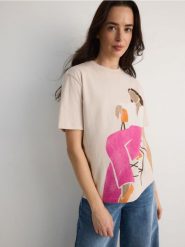 T-shirt regular z nadrukiem - beżowy. Brązowe t-shirty damskie Reserved, l, bez wzorów, z bawełny, bez kołnierzyka. W wyprzedaży za 29.99 zł.