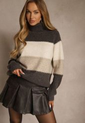 Brązowy Oversizowy Golf z Dodatkiem Kaszmiru w Szerokie Paski Nemeana. Brązowe swetry damskie Renee, bez wzorów, z jeansu, eleganckie, bez kołnierzyka, bez ramiączek, bez kaptura. Za 139.99 zł.