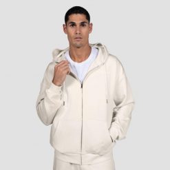Bluza męska fitness na zamek z kapturem perłowa Relay. Białe bluzy sportowe męskie GYMBEAM, l, bez wzorów, z bawełny, z kapturem, na fitness i siłownię. Za 151.90 zł.