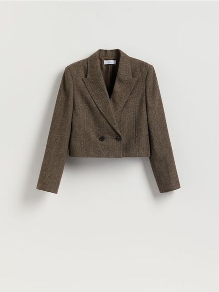 Krótka marynarka - brązowy. Brązowe żakiety damskie Reserved, l, bez wzorów, z tkaniny. Za 229.99 zł.