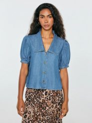 Bluzka damska jeansowa z ozdobnym kołnierzem niebieska jones 270. Niebieskie bluzki damskie Big Star, l, bez wzorów, z denimu, eleganckie, bez kołnierzyka, bez ramiączek. Za 199.99 zł.