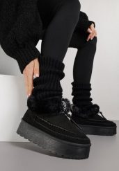 Czarne Śniegowce na Grubej Podeszwie z Ozdobnymi Przeszyciami i Futerkiem Lindera. Czarne śniegowce i trapery damskie Born2be, z jeansu. Za 109.99 zł.