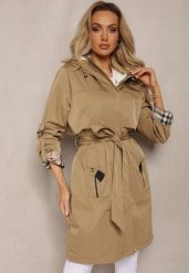 Beżowy Płaszcz Trencz Utility z Nieodpinanym Kapturem Wiązany w Pasie Axurea. Brązowe płaszcze damskie Renee, xl, bez wzorów, długie. Za 179.99 zł.
