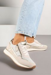 Beżowe Sneakersy z Metalicznymi Wstawkami i Ozdobnym Suwakiem Alanatia. Brązowe obuwie sportowe damskie Born2be, bez wzorów, z jeansu. Za 129.99 zł.