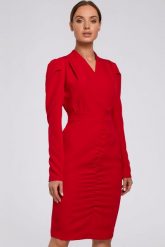Sukienka elegancka kopertowa sukienka midi z marszczeniami czerwona. Czerwone sukienki damskie Sukienki.shop, do pracy, xxl, bez wzorów, biznesowe, bez kołnierzyka, bez ramiączek, midi, kopertowe. W wyprzedaży za 209.00 zł.