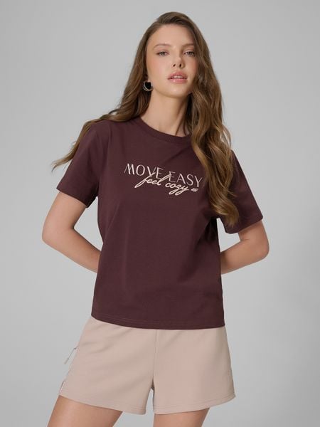 4F T-shirt boxy z nadrukiem damski - brązowy S. Brązowe t-shirty damskie 4f, s, bez wzorów, z jeansu, bez kołnierzyka. W wyprzedaży za 39.99 zł.