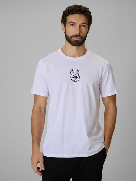 4F T-shirt regular z nadrukiem męski - biały M. Białe t-shirty męskie 4f, m, bez wzorów, z bawełny, klasyczne, bez kołnierzyka. Za 59.99 zł.