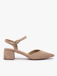 Taupe czółenka bez pięty slingback na słupku. Brązowe czółenka damskie Ryłko, bez wzorów, z gumy, eleganckie, bez obcasa, na obcasie, bez zapięcia. Za 379.99 zł.