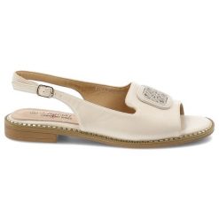 Sandały damskie S.Barski, cholewka ze skóry ekologicznej na płaskiej podeszwie z efektowną broszką, beżowe, KV61-6016. Brązowe klapki damskie S.BARSKI, bez wzorów, ze skóry ekologicznej, eleganckie, bez obcasa, na płaskiej podeszwie. Za 119.00 zł.