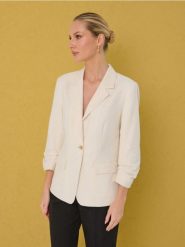 Marynarka z domieszką lnu - kremowy. Białe żakiety damskie Sinsay, l, bez wzorów. Za 69.99 zł.