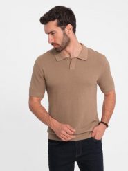 Męska bawełniana koszulka polo ze strukturalnej dzianiny jasnobrązowa V3 OM-POSS-0117 M. Brązowe koszulki polo męskie Ombre, m, bez wzorów, z bawełny, bez ramiączek. Za 196.65 zł.