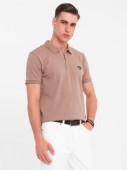 Koszulka męska polo z dekoltem na zamek - jasnobrązowa V3 OM-POSS-0148 S. Brązowe koszulki polo męskie Ombre, m, bez wzorów, bez ramiączek. Za 211.79 zł.