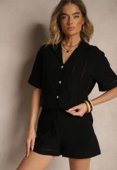Czarna Koszula z Bawełny Ozdobiona Ażurowym Wzorem Natalena. Czarne bluzki damskie Renee, l, w ażurowe wzory, z bawełny, bez kołnierzyka, bez ramiączek. Za 69.99 zł.