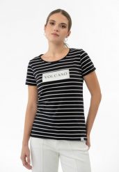 T-shirt w paski T-VIV. Brązowe t-shirty damskie Volcano, s, bez wzorów, z bawełny, klasyczne, bez kołnierzyka. Za 59.99 zł.