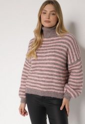 Szaro-Różowy Golf z Domieszką Wełny w Paski Monallia. Szare swetry damskie Born2be, m, bez wzorów, z jeansu, eleganckie, bez kołnierzyka, bez ramiączek, bez kaptura. Za 159.99 zł.