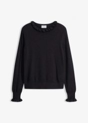 Cienki sweter z mieszanki wiskozy. Czarne swetry damskie bonprix, bez wzorów, z wiskozy, bez kołnierzyka, bez ramiączek, bez kaptura. Za 102.99 zł.