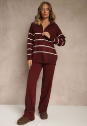 Bordowy Komplet z Dzianiny z Wełną Spodnie i Pasiasty Sweter z Suwakiem Tiarrea. Czerwone spodnie materiałowe damskie Renee, bez wzorów, z bawełny. Za 149.99 zł.