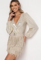 Beżowa Spódnica Mini z Frędzlami i Cyrkoniami Vivanti. Brązowe spódnice damskie Born2be, bez wzorów, mini. Za 39.99 zł.